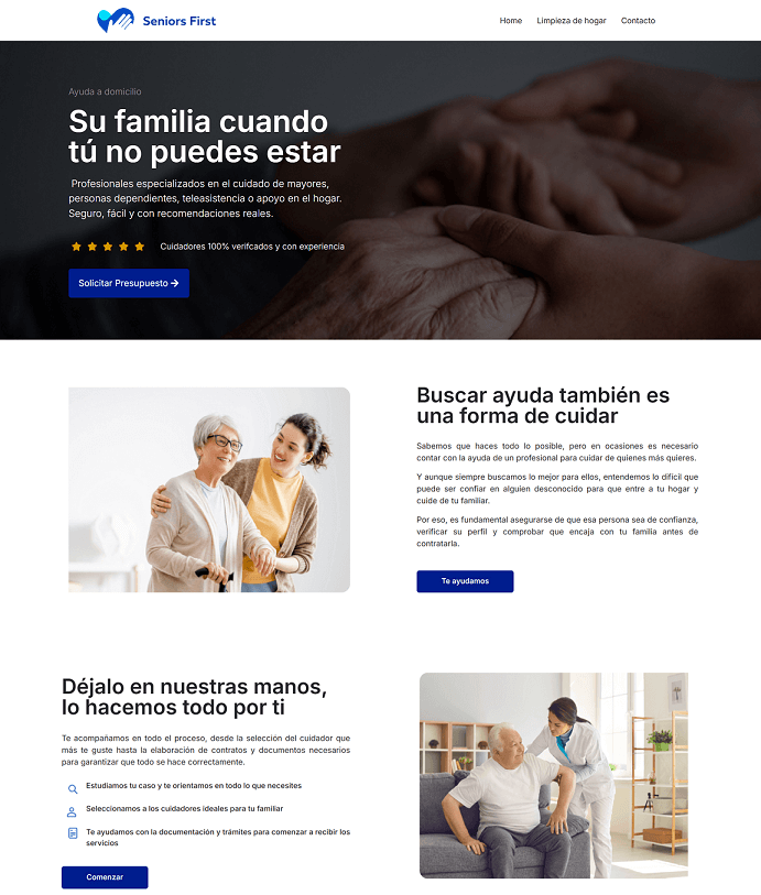 Diseño de pagina web de empresa de cuidadores limpia y moderna
